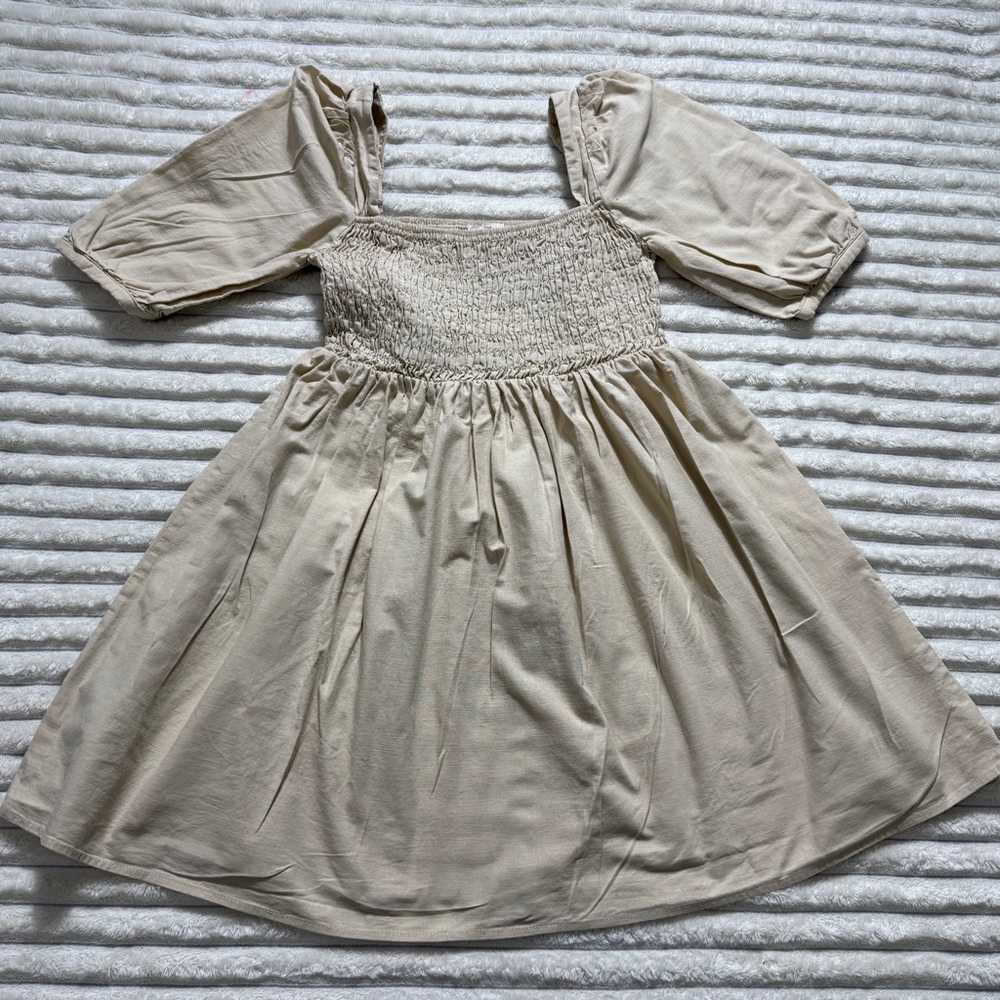 Glamorous Linen Cotton Square Neck Smocked Puff Sleeve Mini Dress Beige S